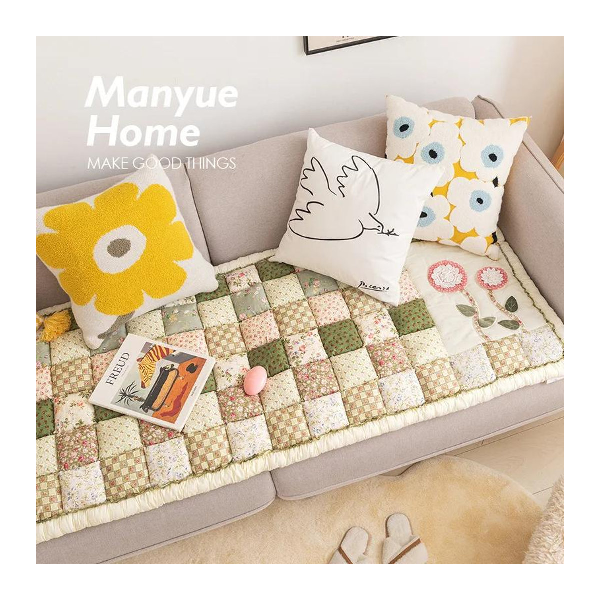 BC-Warm Home Couchkissen mit kariertem Blumenmuster aus reiner Baumwolle, multicolor, B/T/H: 50 x 50 x 0 cm - Bild 1