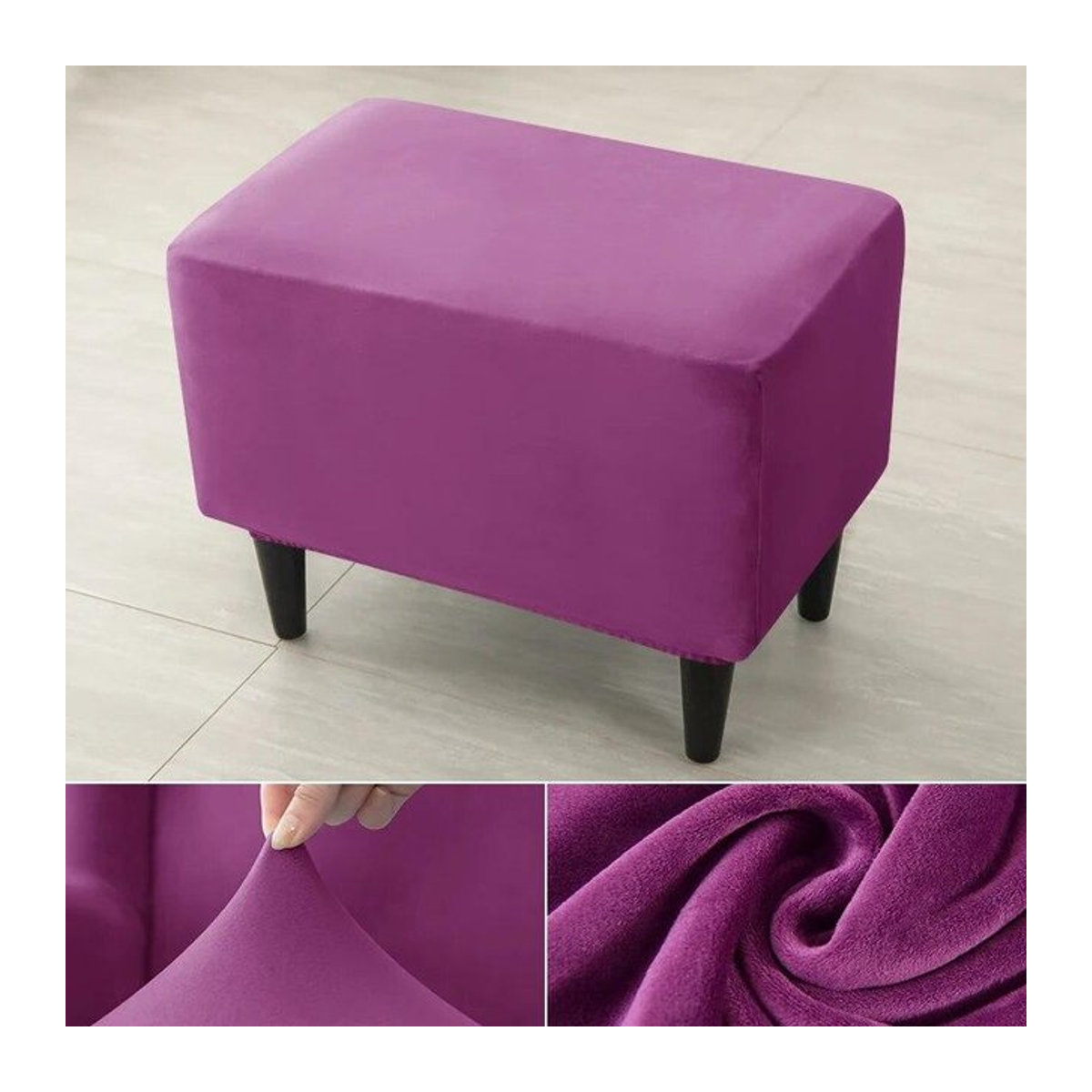 BC-Warm Home Ottoman Hockerbezug aus Samt in Grau, elastischer rechteckiger Fußhockerbezug mit 360° All-Inclusive Schutz - Bild 1