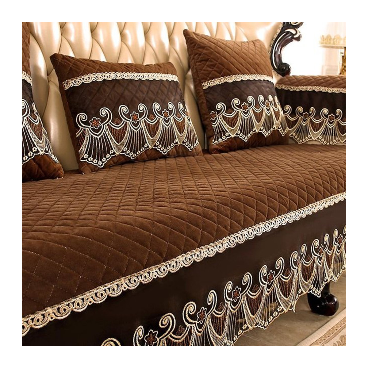 BC-Warm Home Sofabezug Braun mit Spitze als rutschfester Sofa Überwurf und Schutzhülle für dein Wohnzimmer, B/B: 80 x 75 cm - Bild 1