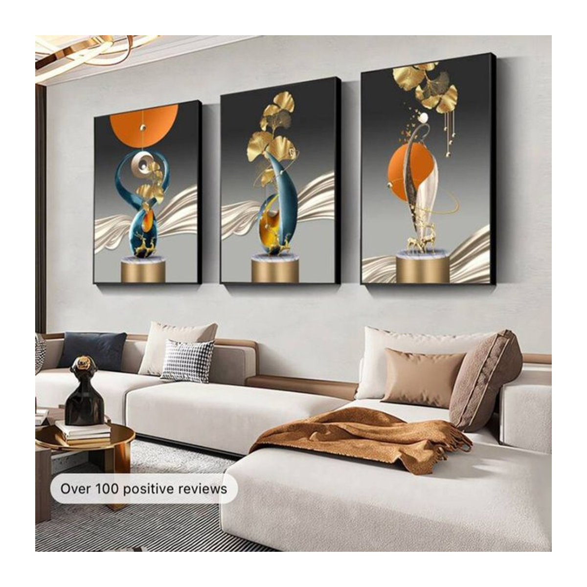 Beadsmile 3er Set Diamond Painting Triptychon mit goldenem Hirsch und Ginkgo Blatt in geometrischer Optik, mehrfarbig, runde Steine - Bild 1