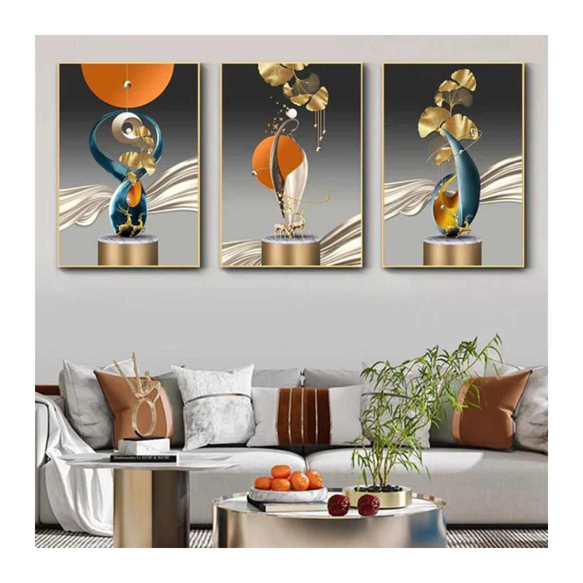 Beadsmile 3er Set Diamond Painting Triptychon mit goldenem Hirsch und Ginkgo Blatt in geometrischer Optik, mehrfarbig, runde Steine - Bild 2