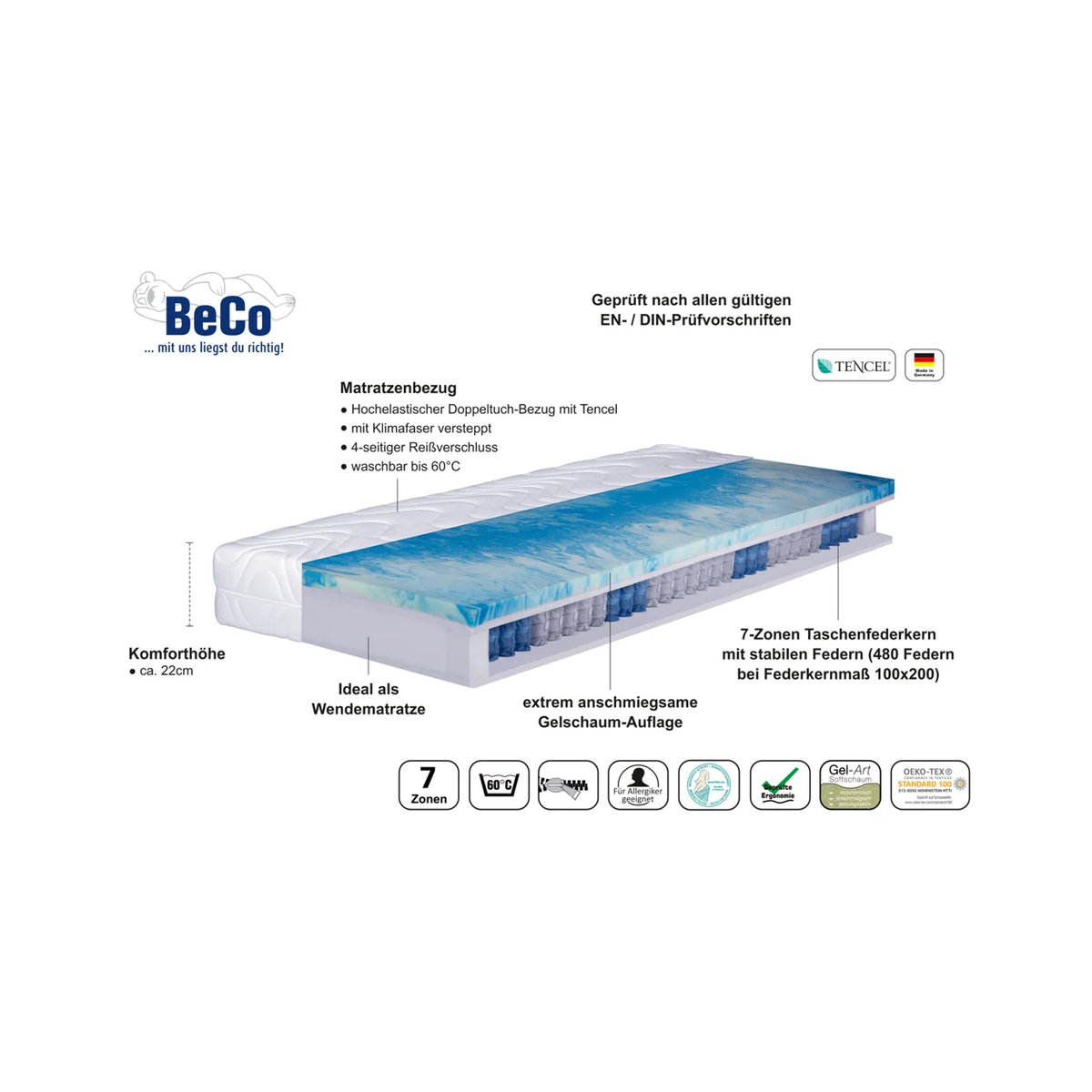 Beco 7-Zonen Taschenfederkern-Matratze Pro Gel Blau H4 B: 90 cm, L: 200 cm - Bild 2