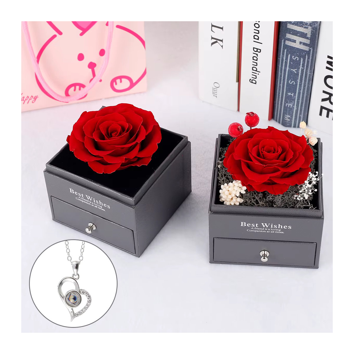 Behogar Ewige Blume Seife Rose mit Herz Halskette in Hellgrün als romantisches Geschenk für die Freundin zum Valentinstag - Bild 2