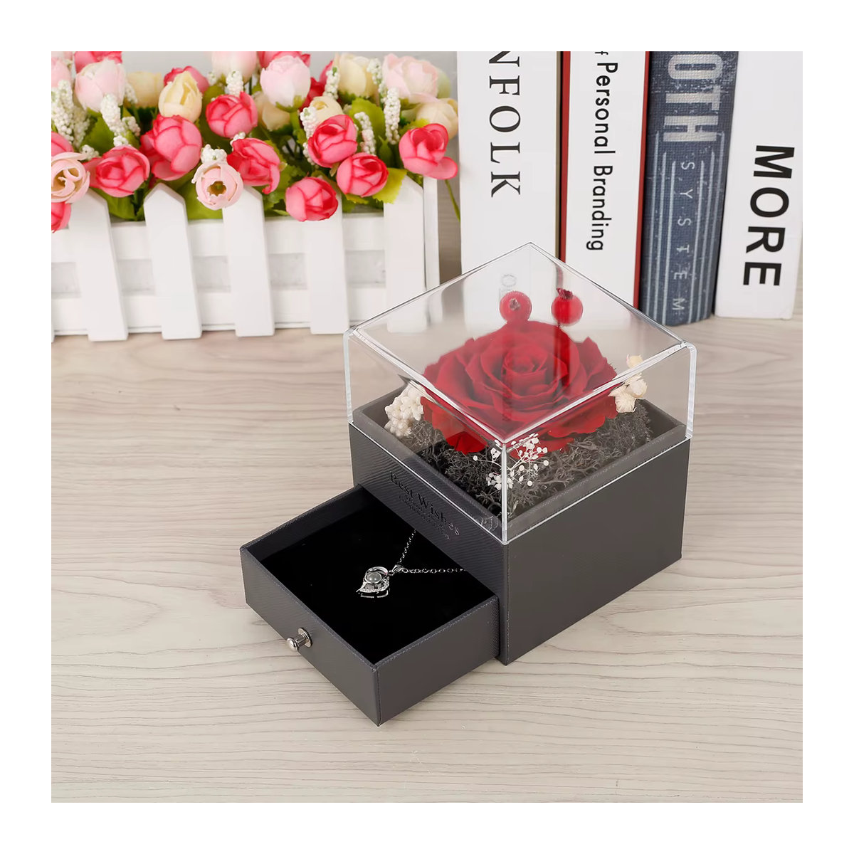 Behogar Ewige Blume Seife Rose mit Herz Halskette in Hellgrün als romantisches Geschenk für die Freundin zum Valentinstag - Bild 3