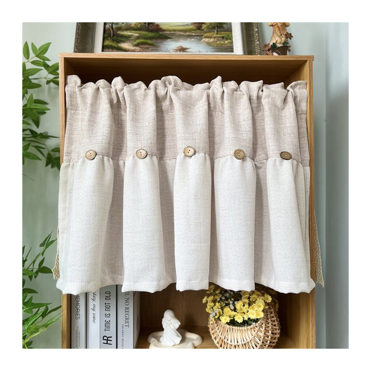 Beige Vintage Kurzvorhang mit DIY-Knopfdesign, halbtransparenter Sichtschutz für Küche, Wohnzimmer oder Büro - Bild 1