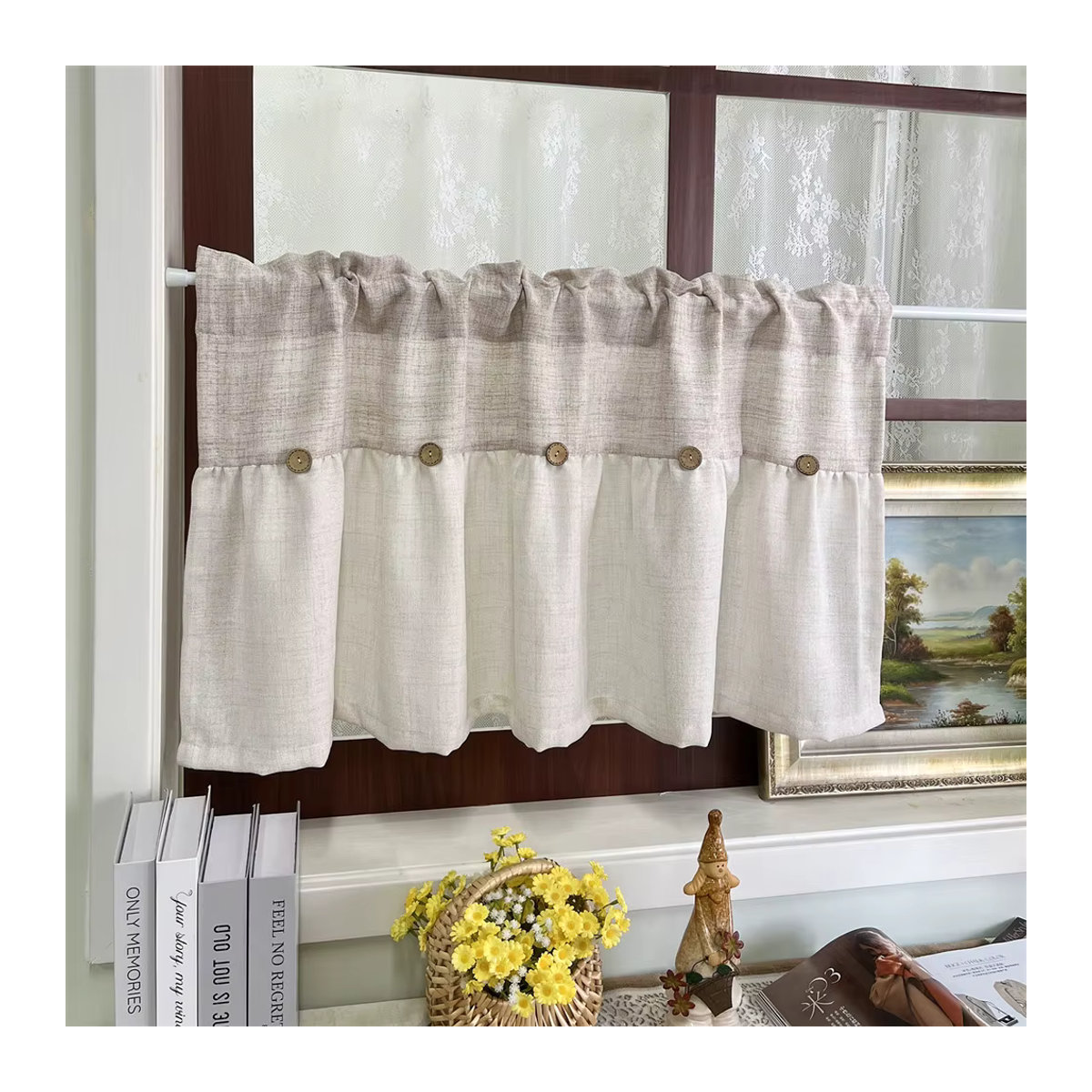 Beige Vintage Kurzvorhang mit DIY-Knopfdesign, halbtransparenter Sichtschutz für Küche, Wohnzimmer oder Büro - Bild 2