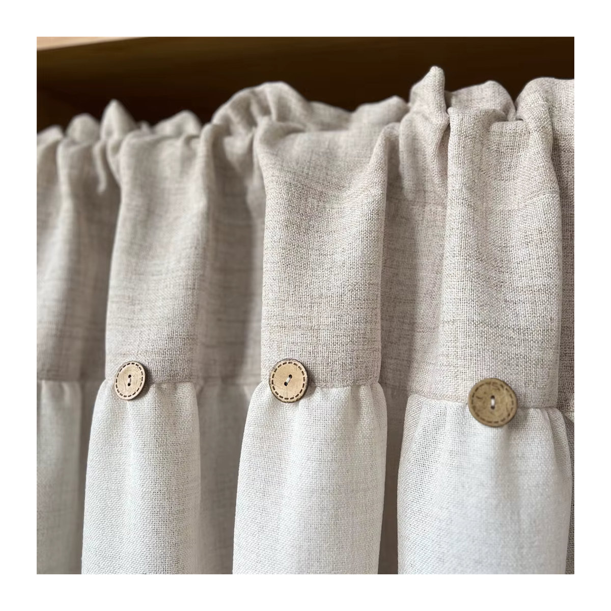 Beige Vintage Kurzvorhang mit DIY-Knopfdesign, halbtransparenter Sichtschutz für Küche, Wohnzimmer oder Büro - Bild 4