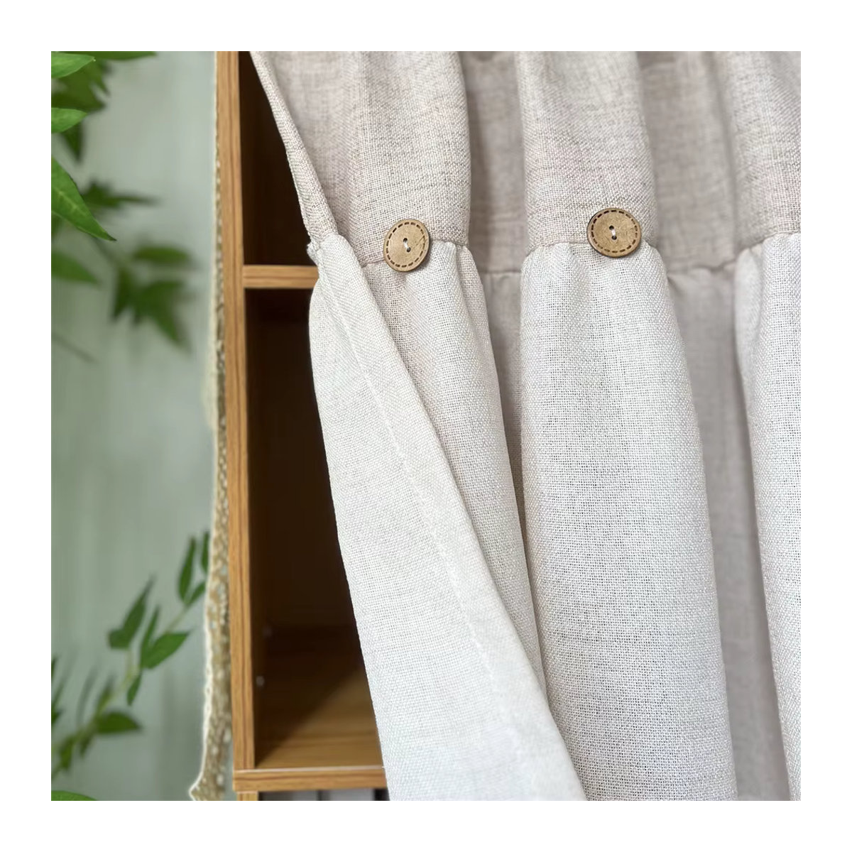 Beige Vintage Kurzvorhang mit DIY-Knopfdesign, halbtransparenter Sichtschutz für Küche, Wohnzimmer oder Büro - Bild 5