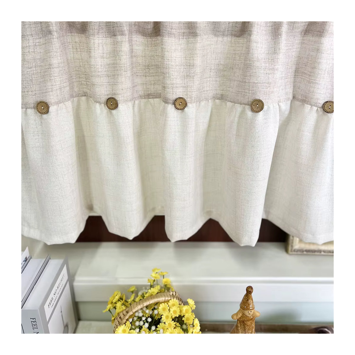 Beige Vintage Kurzvorhang mit DIY-Knopfdesign, halbtransparenter Sichtschutz für Küche, Wohnzimmer oder Büro - Bild 6