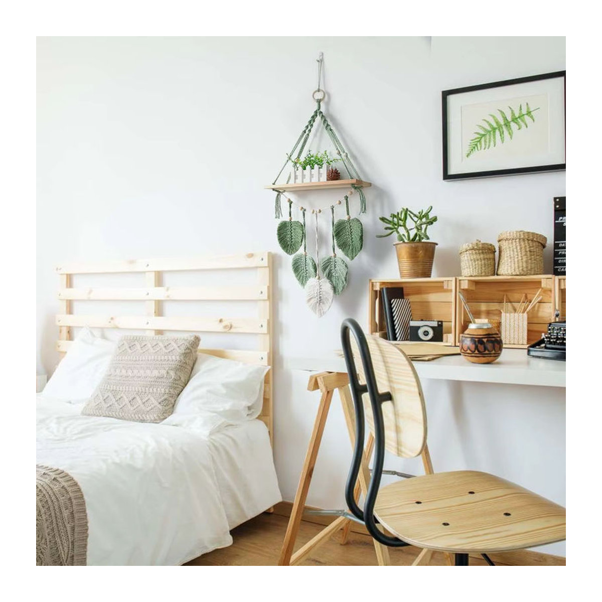 BEILIOU Makramee Wandbehang im Bohemian Stil mit Foto-Clips aus Holz und grünen Blättern aus Baumwolle - Bild 3