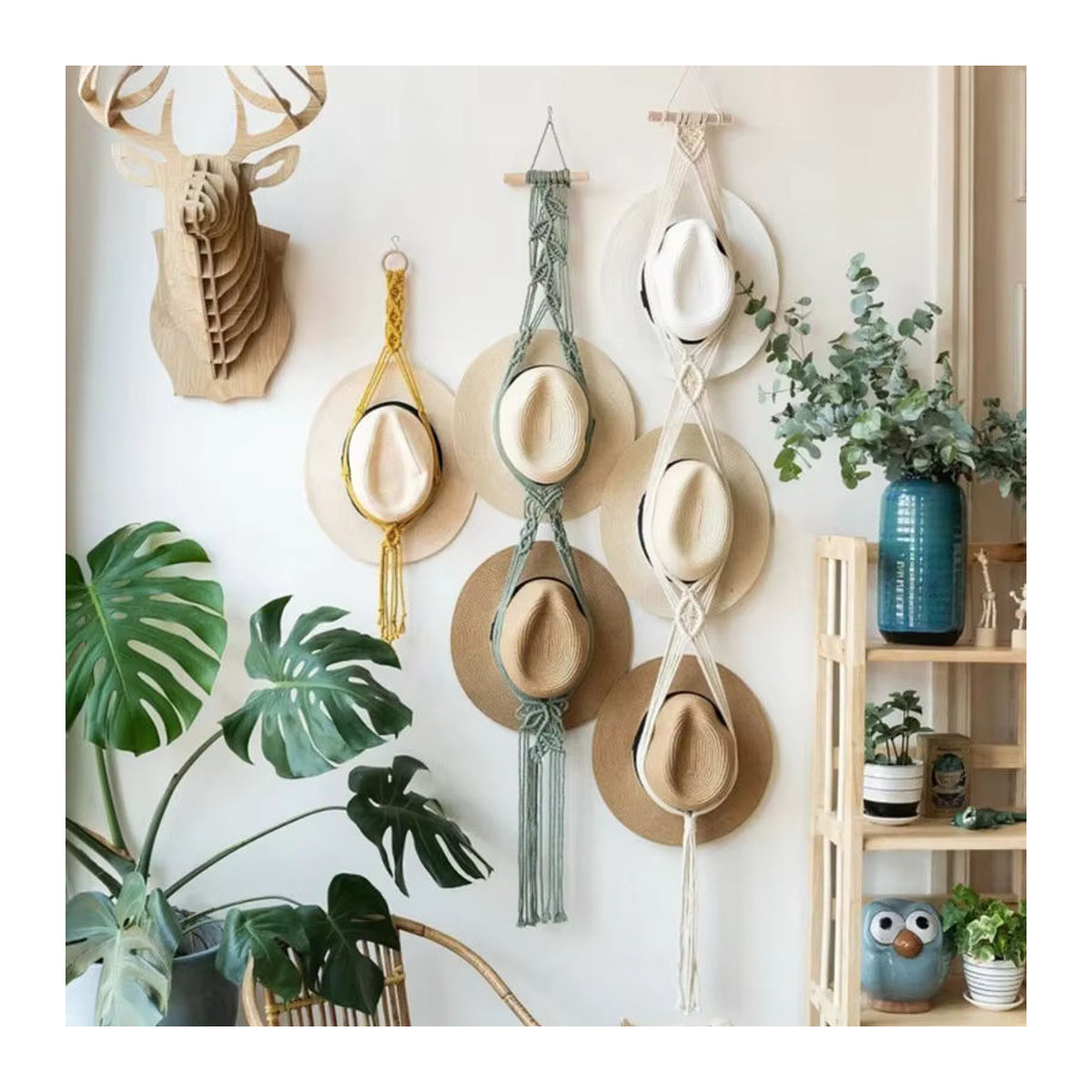 BEILIOU Nordic Boho Makramee Wanddeko aus Baumwolle als Hut- und Schalhalter in Beige und Weiß - Bild 2