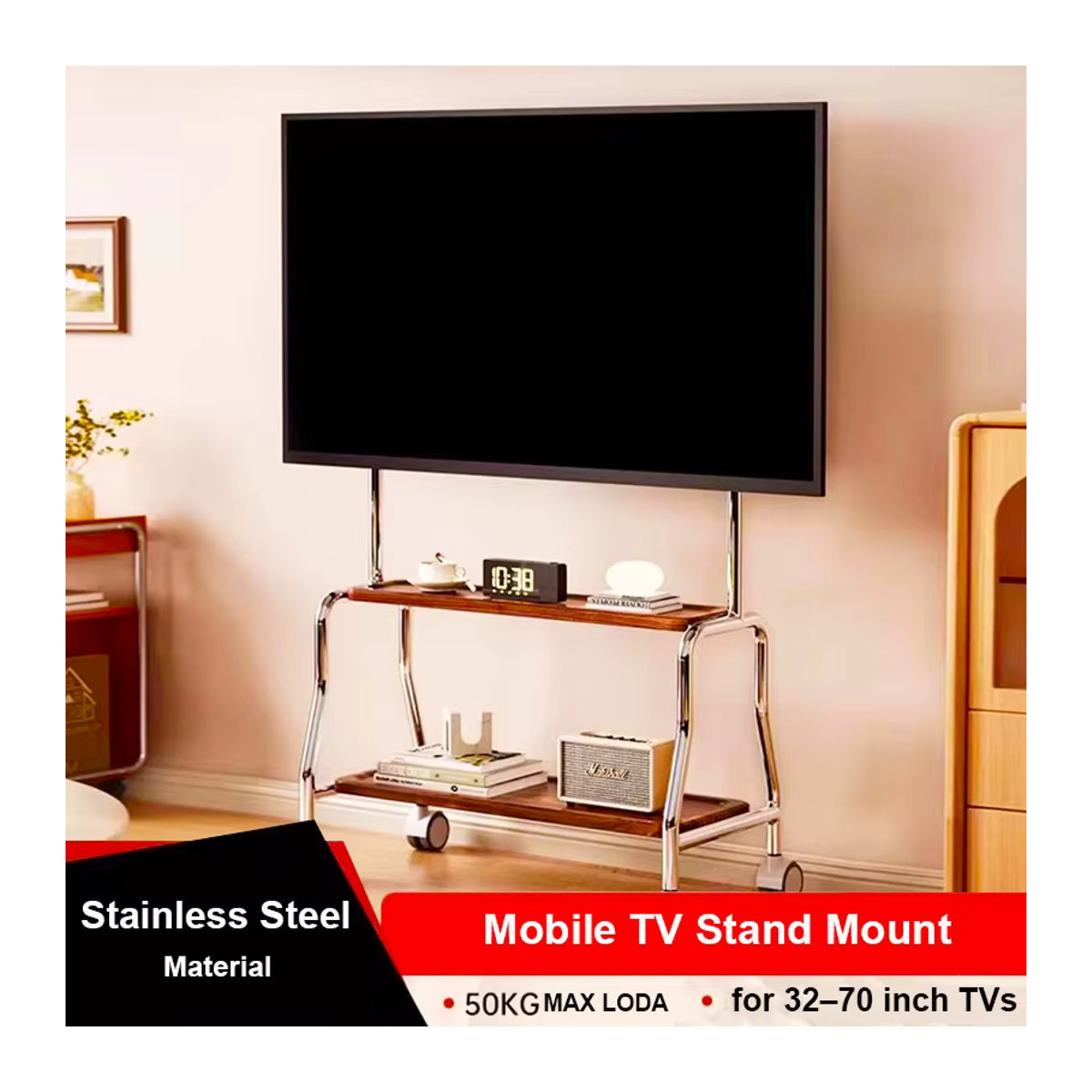 BEISHI TV-Wagen im Industrial-Design mit Rollen für 32–75 Zoll Fernseher, Schwarz oder Braun, max. VESA 600 x 400 mm und bis zu 50 kg Traglast - Bild 2