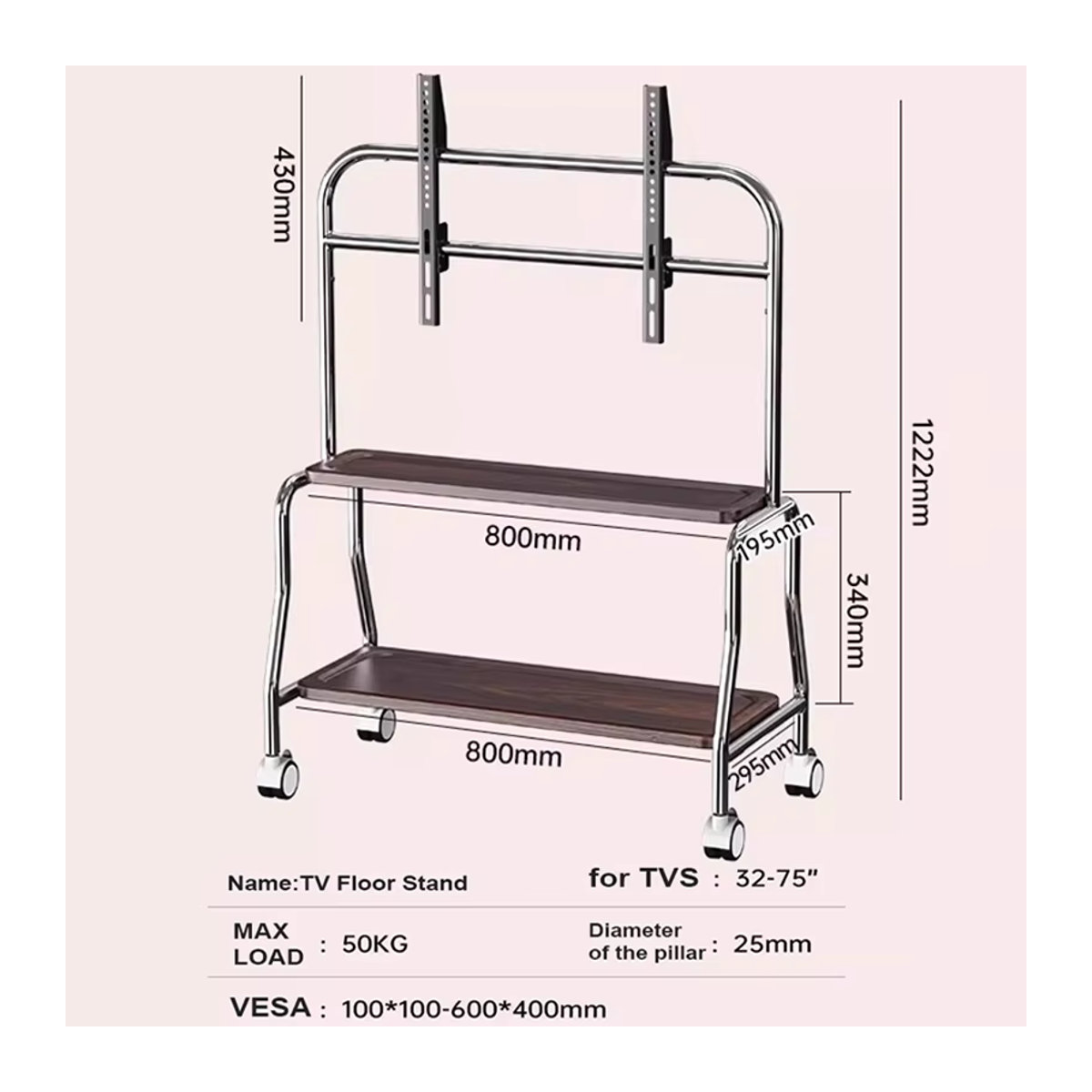 BEISHI TV-Wagen im Industrial-Design mit Rollen für 32–75 Zoll Fernseher, Schwarz oder Braun, max. VESA 600 x 400 mm und bis zu 50 kg Traglast - Bild 5