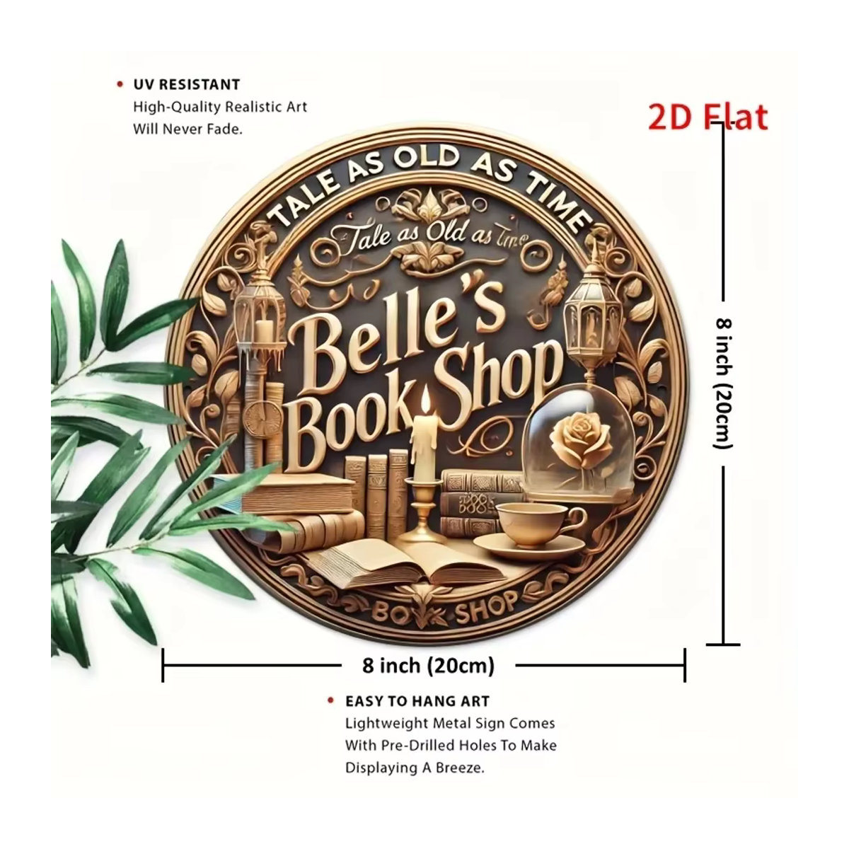 Belle'S Book Shop Metall-Wandkunstschild im Vintage-Stil mit Café-Design, Braun, B/T/H: 20,3 x 20,3 x 20,3 cm - Bild 4