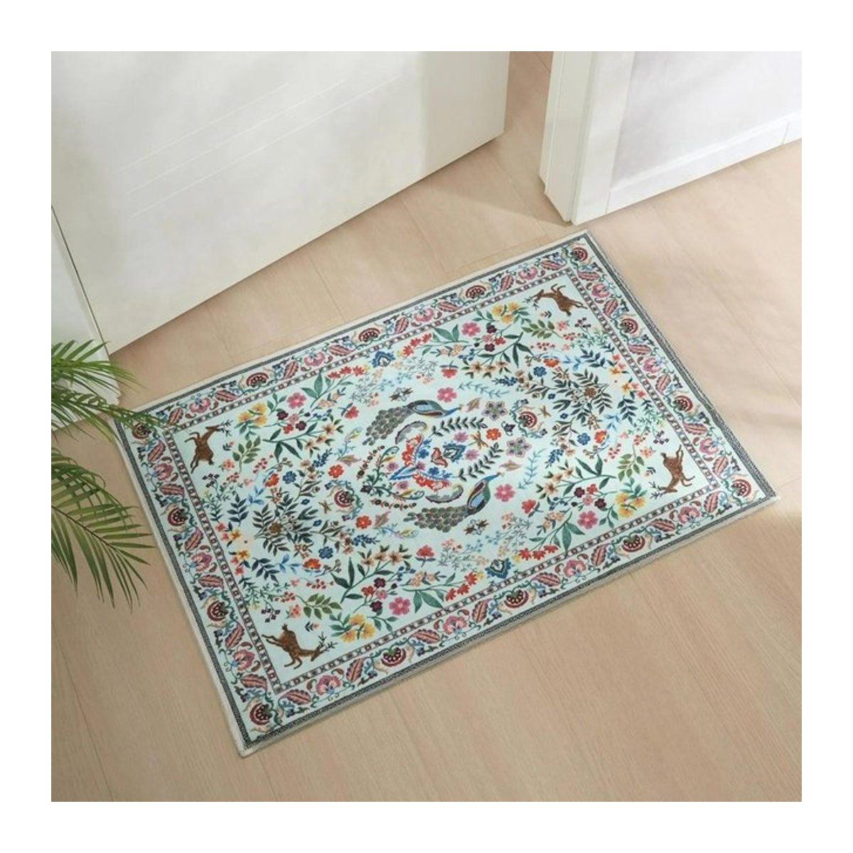 Bereichsteppich Lodestar mit botanischem Pfau und Hirsch Print in Multicolor, H x B x T: 1 x 40 x 60 cm - Bild 1