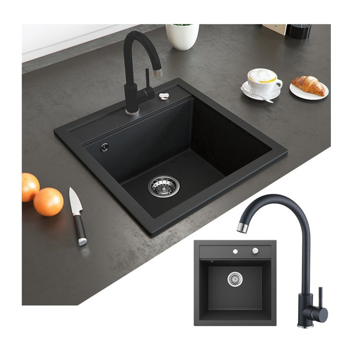 Bergström Spülbecken aus Granit in Schwarz mit Trockenplatz, Modern, B: 49 cm, T: 50 cm - Bild 1