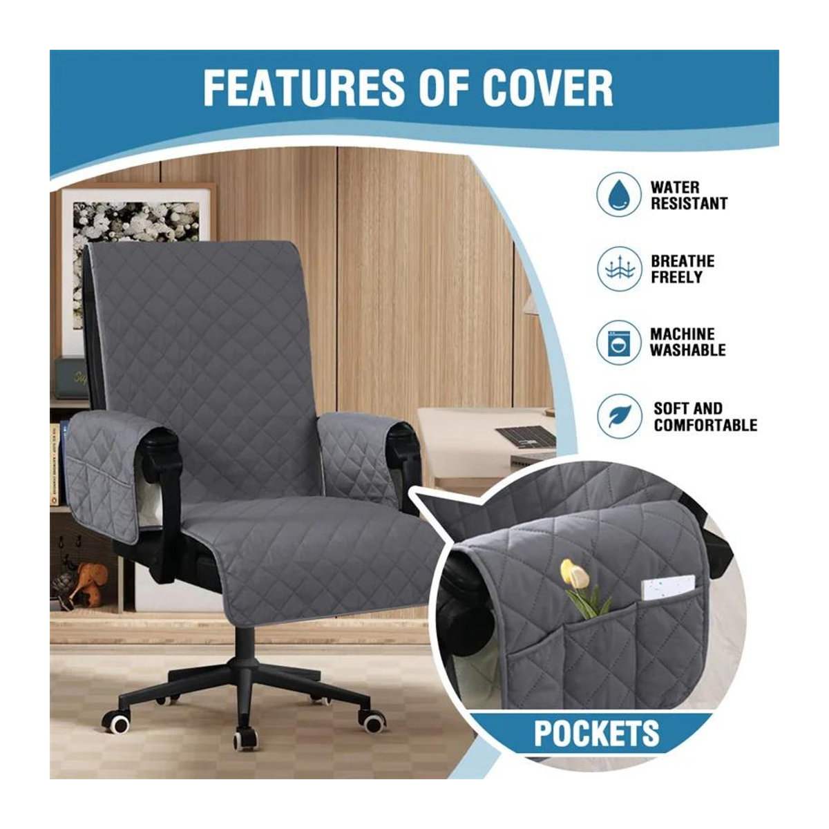 Bestbags Quilten Bürostuhlbezüge mit Armlehnenmatte und Tasche zum Schutz deines Schreibtischstuhls - Bild 1