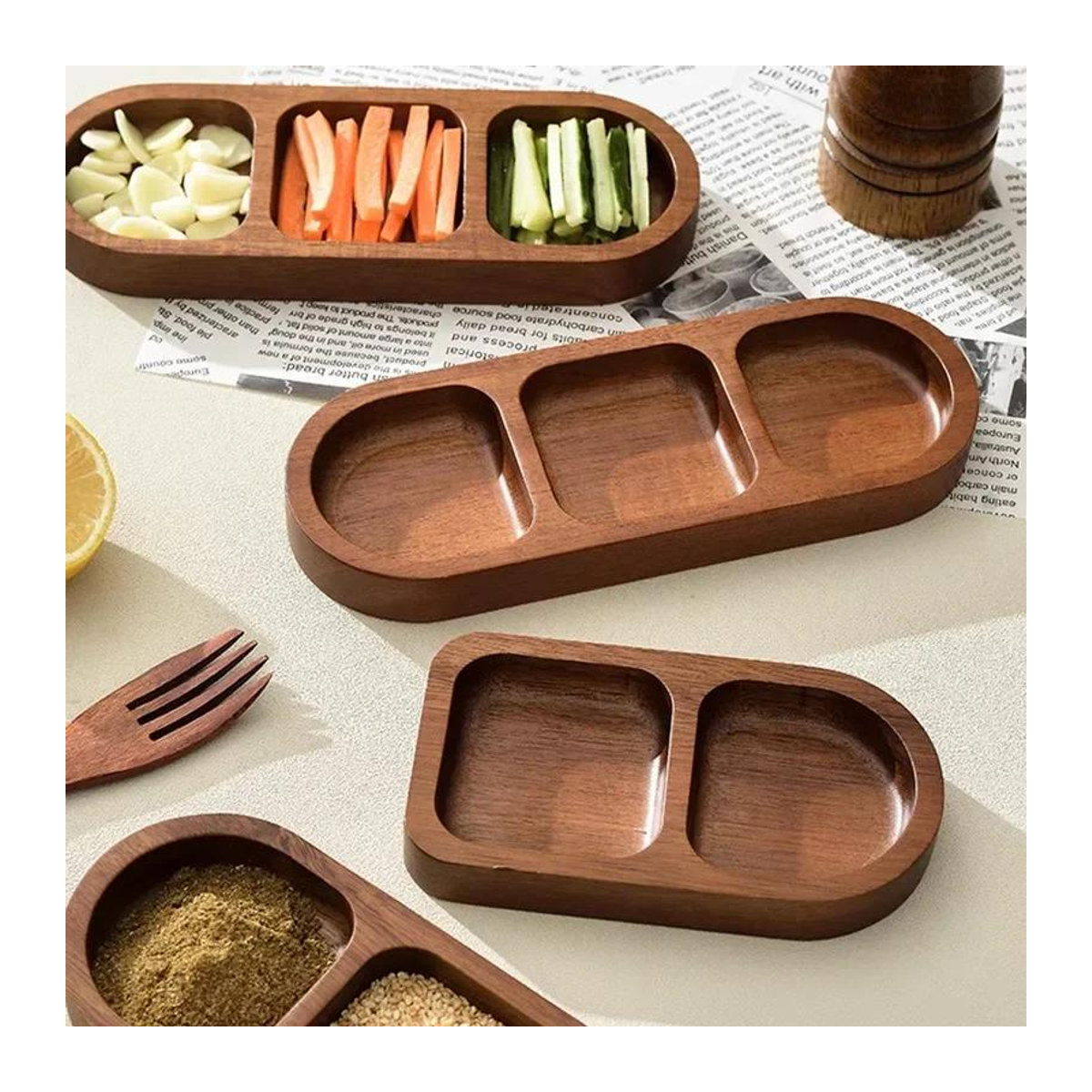 Bestbags Rechteckiges Massivholz Tablett mit 2/3 Fächern als Gewürzplatte und Servierplatte für Frühstück, Sushi oder Saucen - Bild 3
