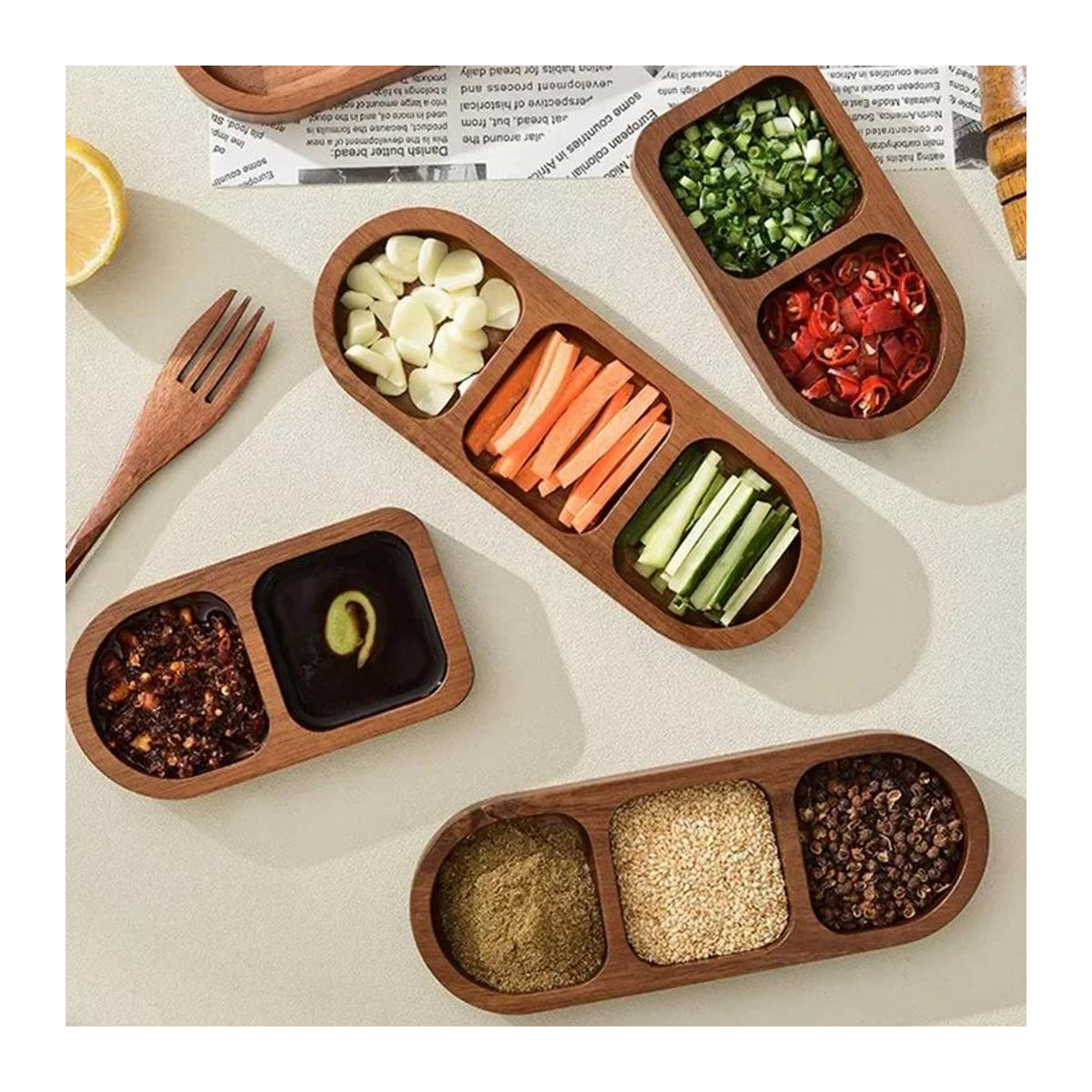 Bestbags Rechteckiges Massivholz Tablett mit 2/3 Fächern als Gewürzplatte und Servierplatte für Frühstück, Sushi oder Saucen - Bild 4