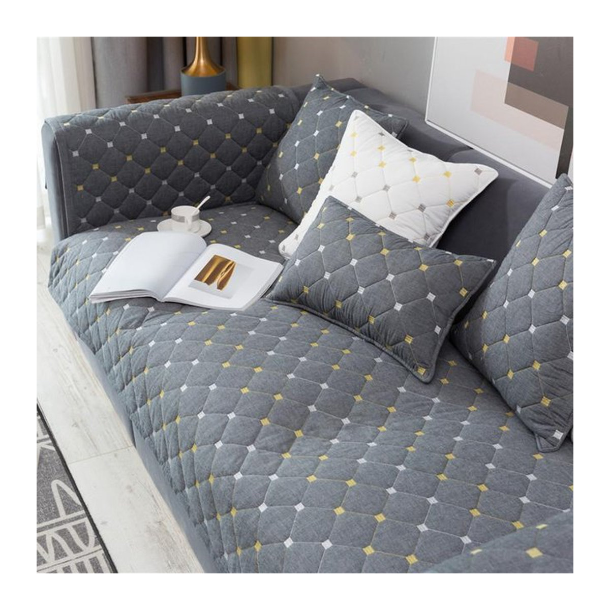 Bestickter Sofakissenbezug aus verdickter Baumwolle für dein Dreisitzer-Sofa, B/B: 70 x 70 cm, Weiß und Grau - Bild 1