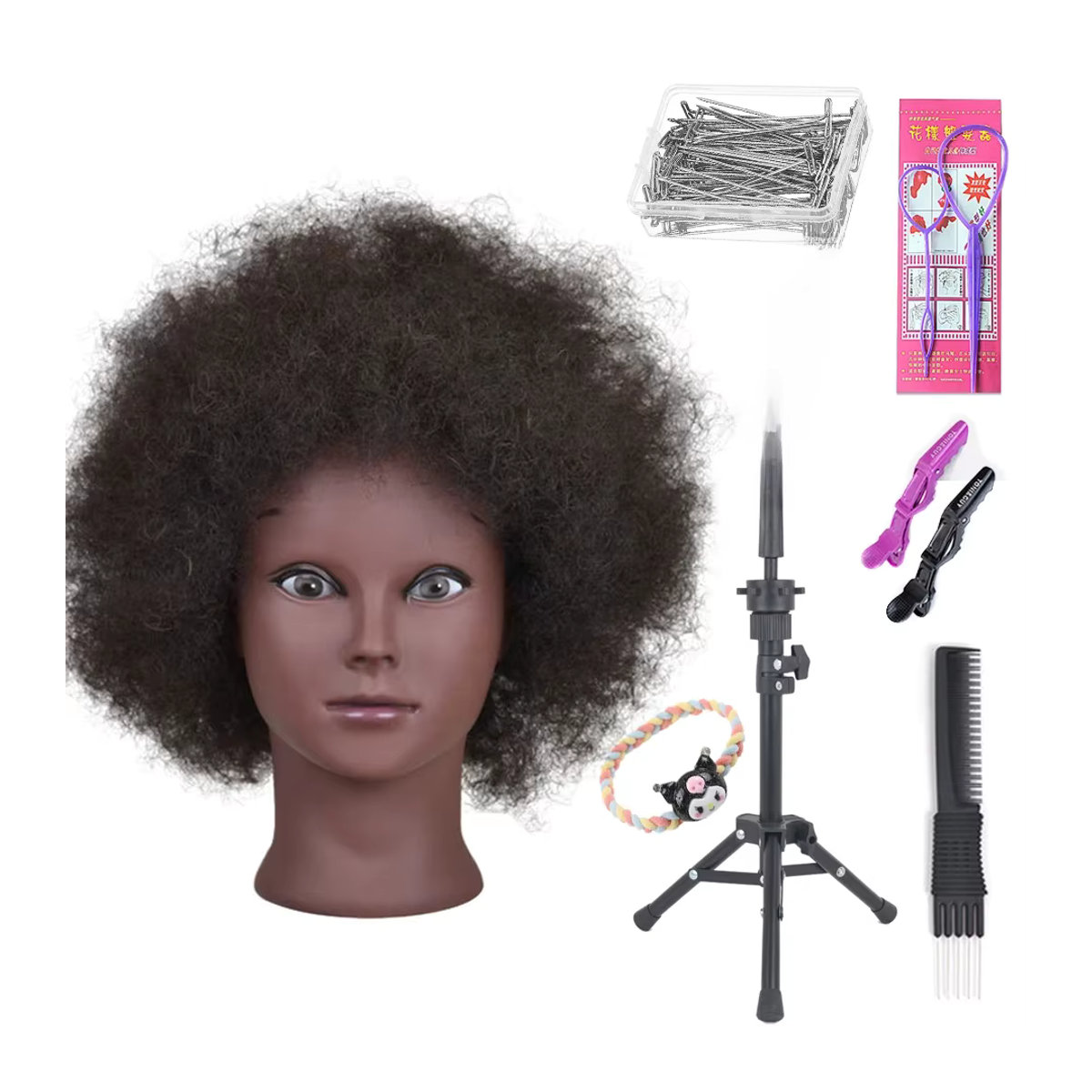 Betella Afro-Mannequin-Kopf mit 100 % Echthaar in Schwarz, Trainingskopf zum Üben von Cornrows und Zöpfen, Höhe: 20,3 cm - Bild 7