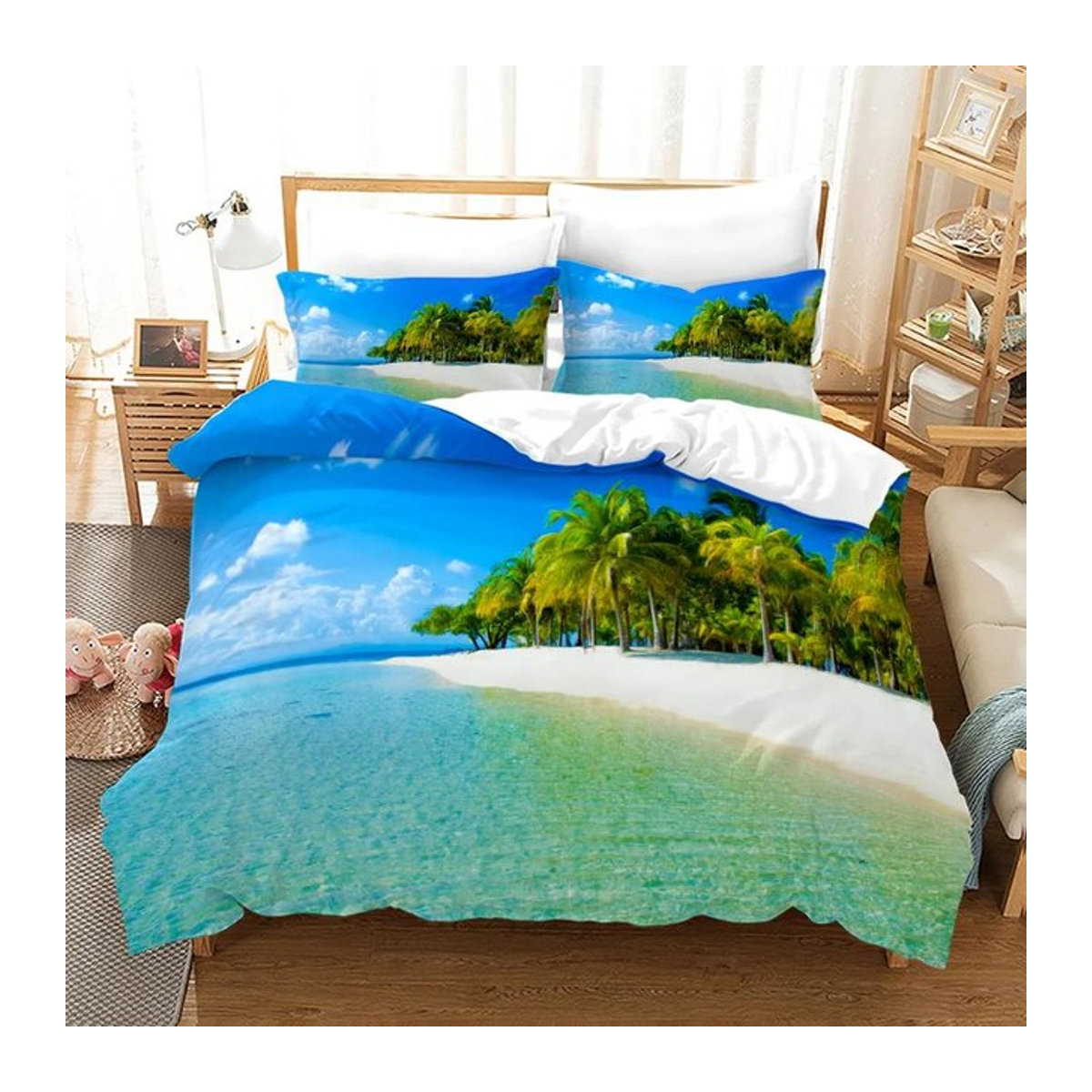 Bettbezug Set Strand Sonnenuntergang Tropische Insel mit Palme und Meer Queen Size B/H: 155 x 220 cm - Bild 1