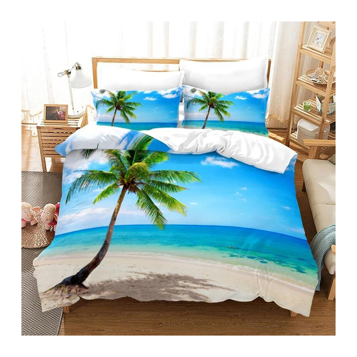 Bettbezug Set Strand Sonnenuntergang Tropische Insel mit Palme und Meer Queen Size B/H: 180 x 210 cm - Bild 1