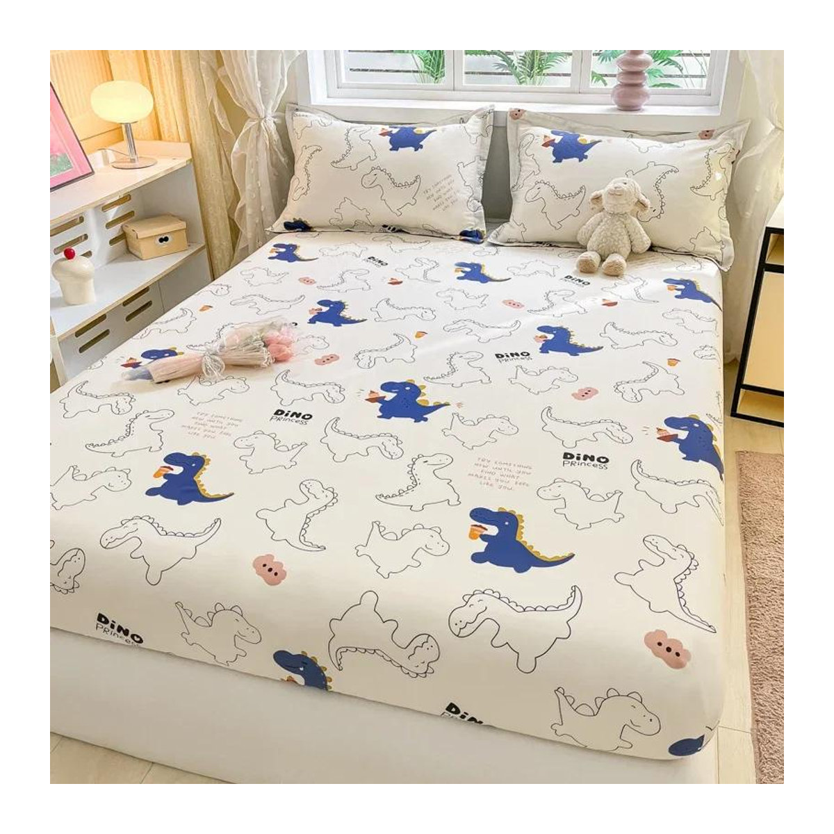 Bettlaken aus 100 % Baumwolle mit Dinosaurier-Aufdruck für Kinder, elastischer Matratzenbezug, B/T: 90 x 200 cm - Bild 1