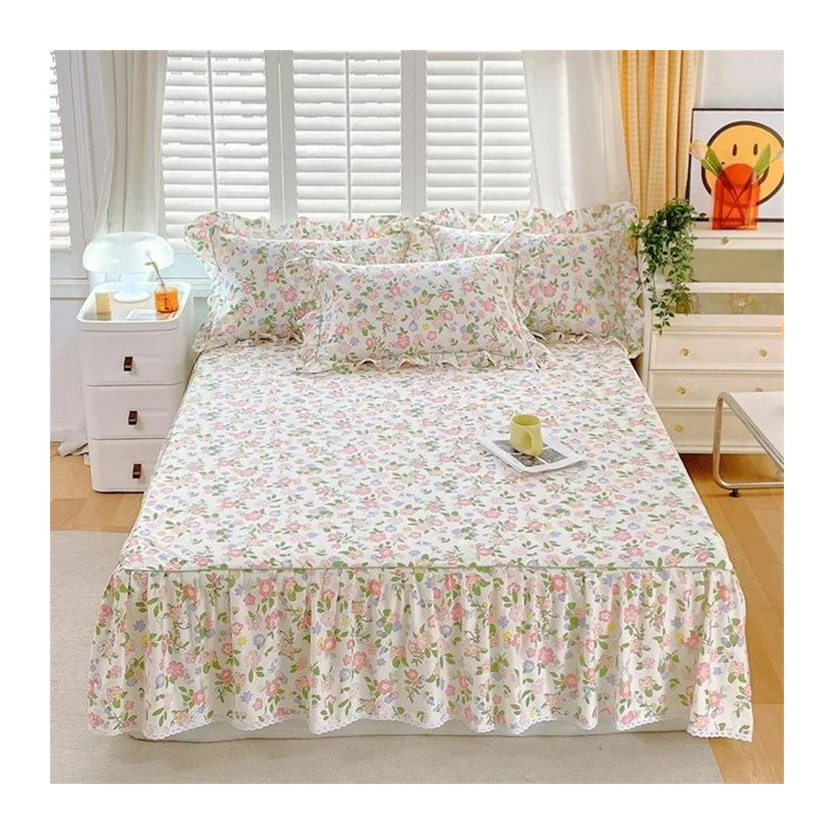 Bettrock aus 100% Baumwolle mit floralem Blattmuster und Rüschen in Multicolor, B/T/H: 120 x 200 x 45 cm - Bild 1