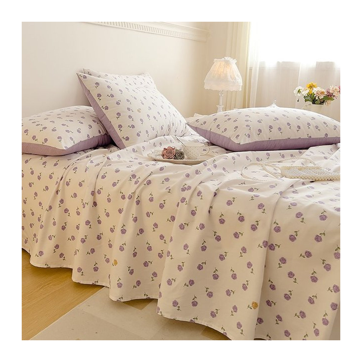 Bettwäsche-Set aus 100% Baumwolle mit Blumenmuster in Rosa und Lila, bestehend aus 1 flachem Bettlaken und 2 Kissenbezügen, erhältlich in Twin, Full und Queen Size - Bild 1