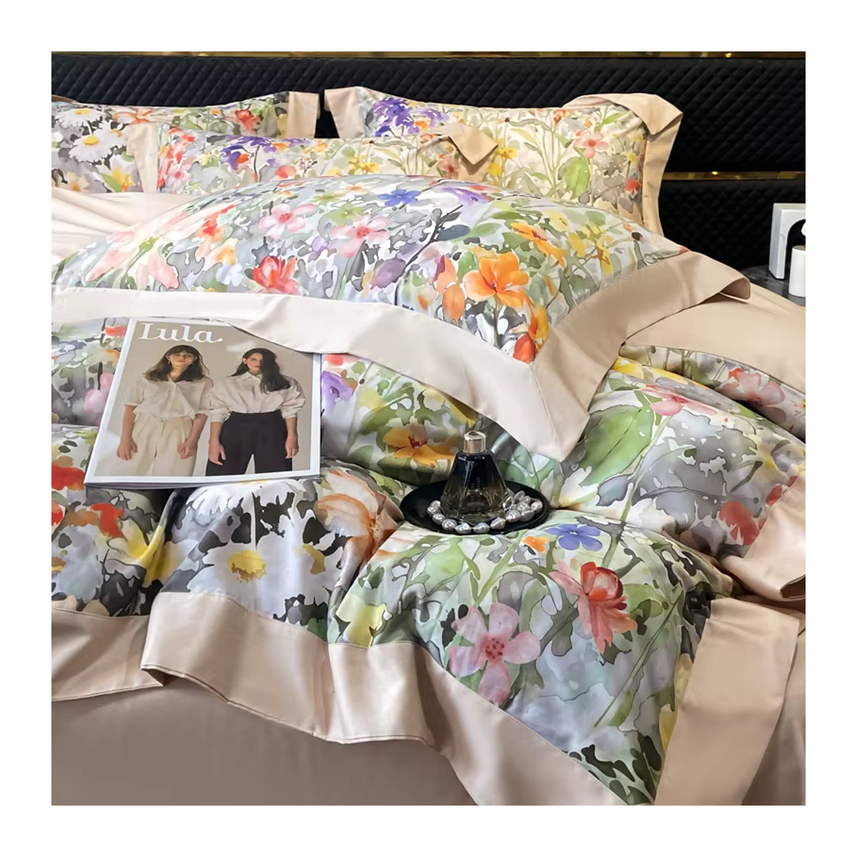 Bettwäsche-Set aus ägyptischer Baumwolle mit Blumendruck, 600TC, Queen-Size, inklusive Bettbezug, Laken und Kissenbezügen - Bild 2