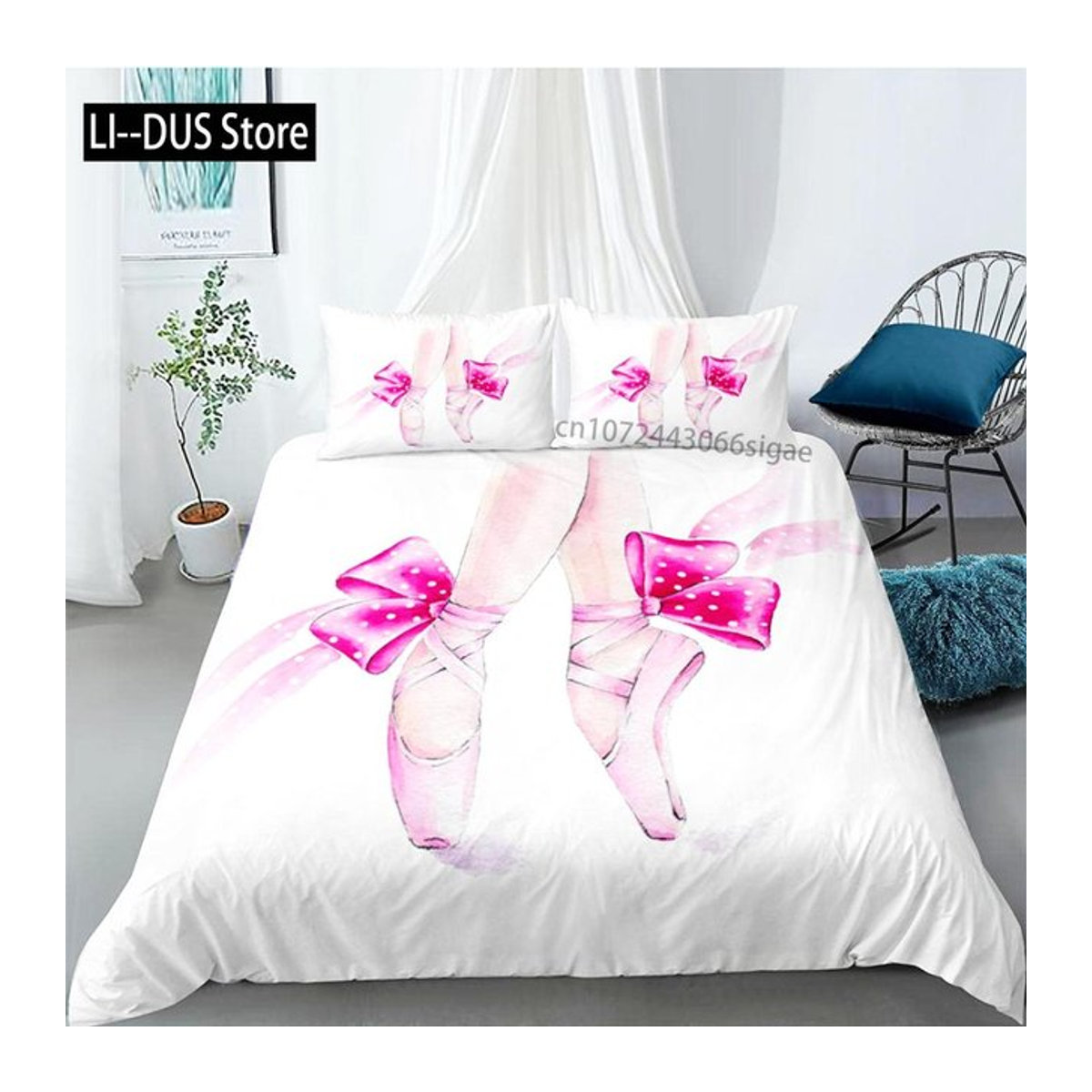 Bettwäsche Set Ballett Design mit Ballettschuhen und Rosenblättern aus Mikrofaser für Mädchen, B/B/H: 135 x 200 cm - Bild 1