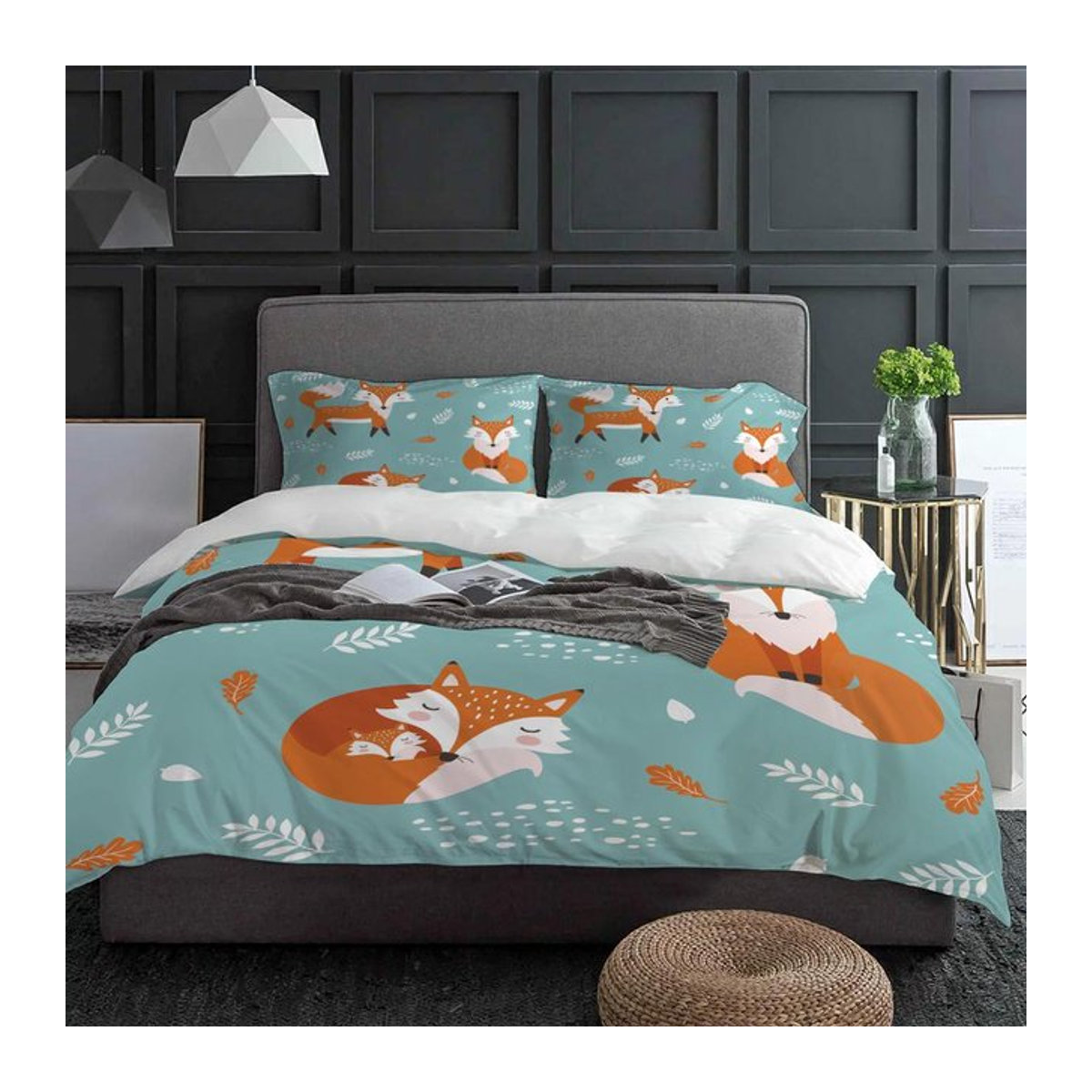Bettwäsche Set Binchi Fitness mit Cartoon Fuchs Motiv in Orange und Blau, 3-teilig mit Reißverschluss, B/T/H: 135 x 200 cm - Bild 1