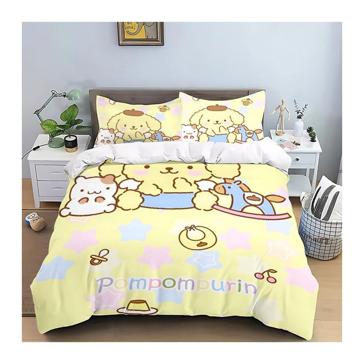 Bettwäsche Set Cartoon Pompom Purin in Gelb für Kinder und Erwachsene, 3-teilig, B: 135 cm, L: 200 cm - Bild 1
