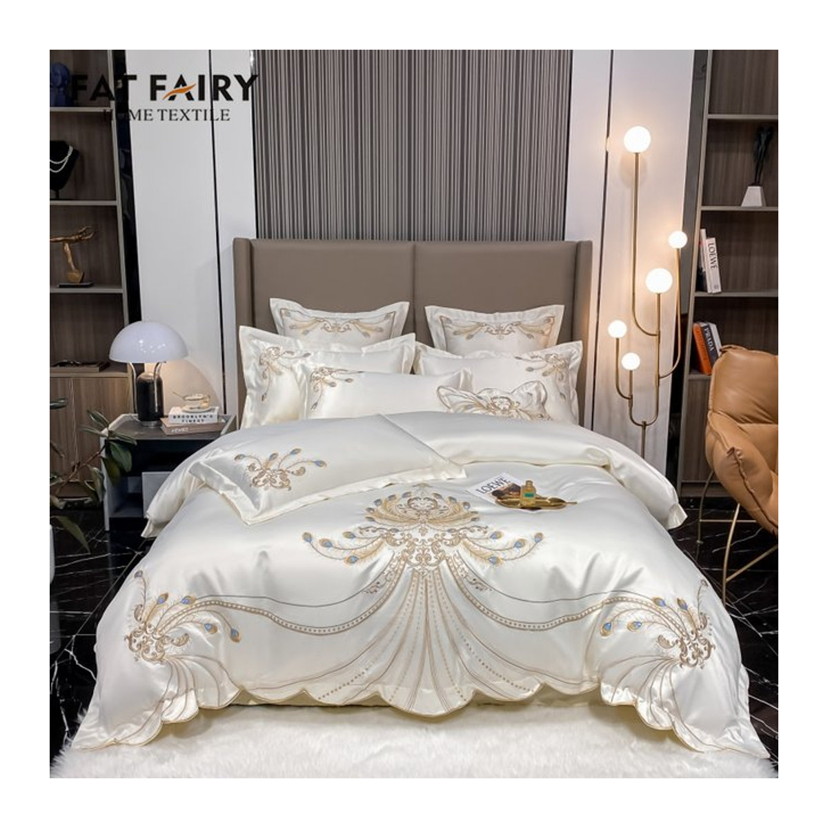 Bettwäsche Set Fat Fairy HOME TEXTILE aus Ägyptischer Baumwolle mit Gold-Feder-Stickerei und Patchwork in Champagner und Hellgelb - Bild 1