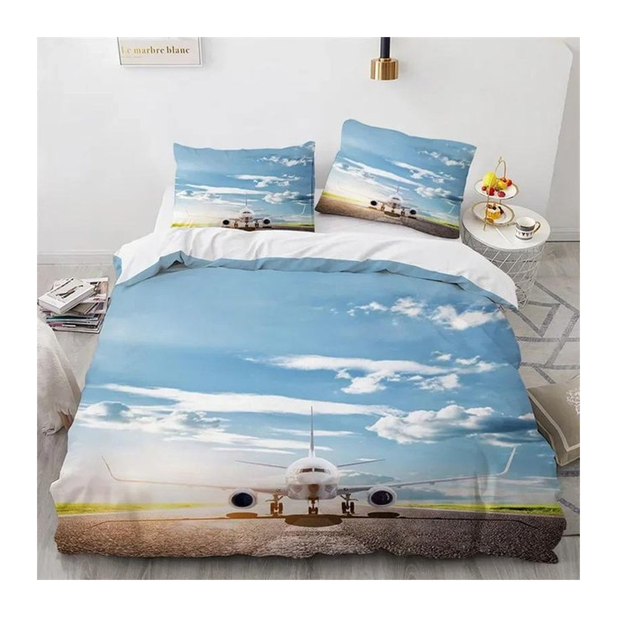Bettwäsche Set Flugzeug Wolken und Himmelslandschaft aus Mikrofaser in Blau, 3-teilig, B/H: 135 x 200 cm - Bild 1
