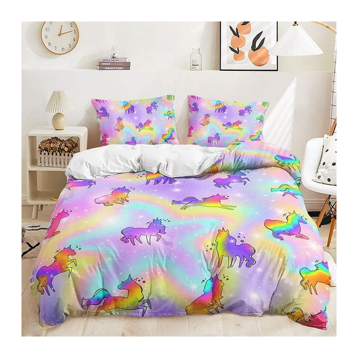 Bettwäsche-Set für Mädchen von JMG Household Supplies mit Sternen, Monden und Einhörnern in Multicolor, Bettbezug und Kissenbezüge mit Reißverschluss, B/H: 135 x 200 cm - Bild 1