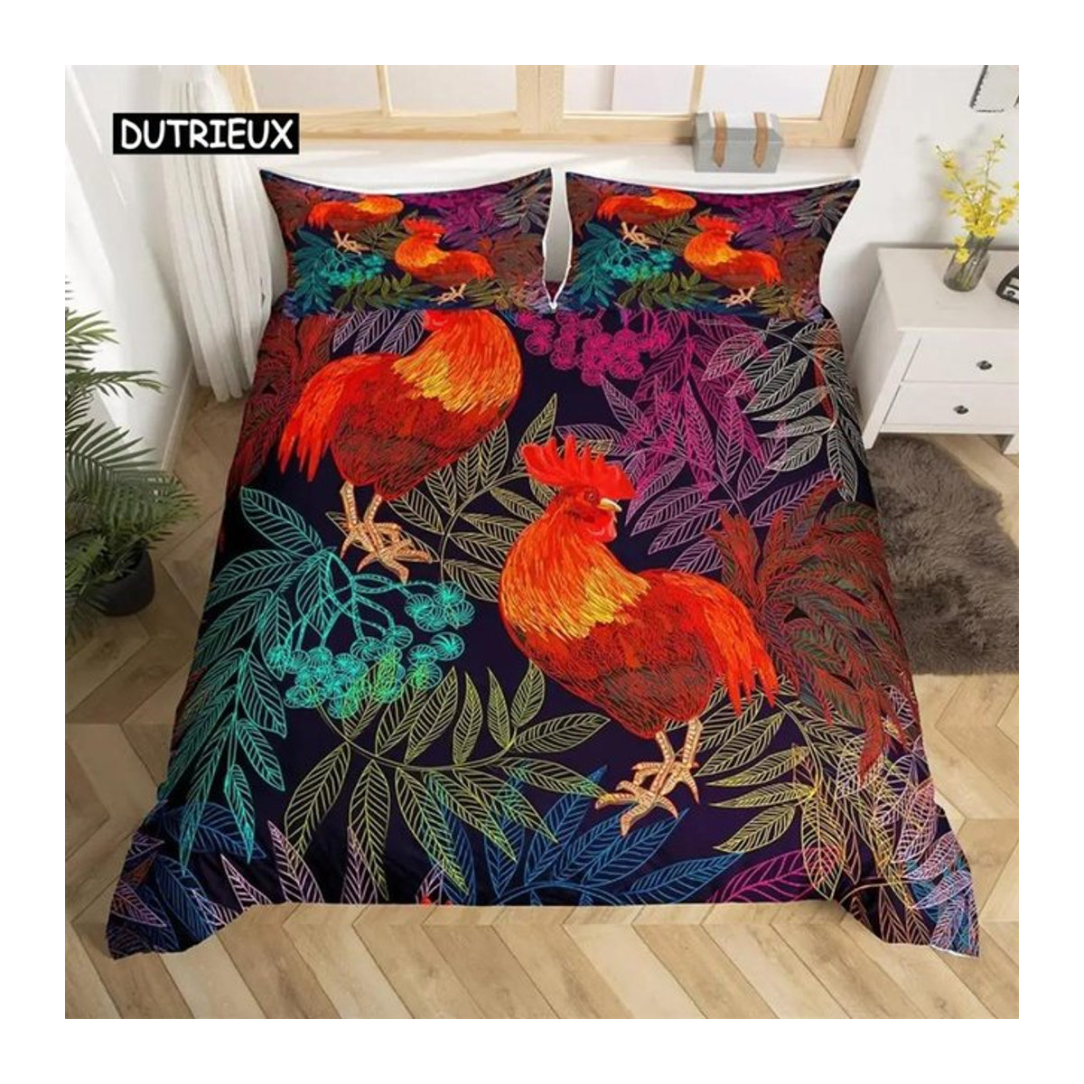 Bettwäsche-Set Jessica Chen aus Mikrofaser mit Pastorale Szenerie Hahn und Sonnenblumen, Multicolor, B/H: 135 x 200 cm - Bild 1