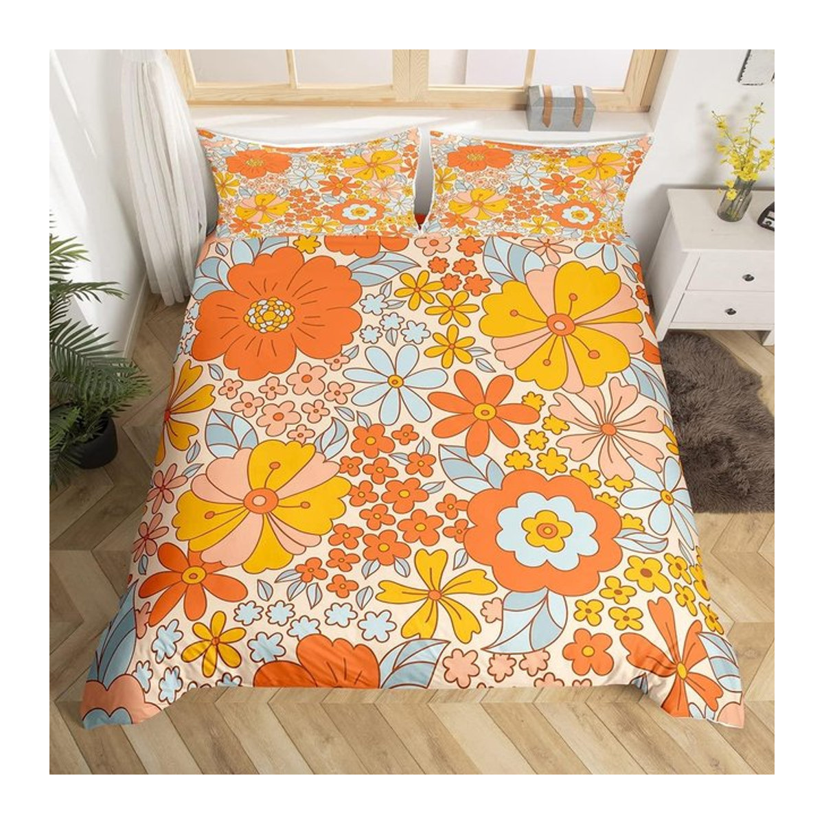 Bettwäsche Set Jessica Chen mit Blumen Bettbezug und 2 Kissenbezügen in Aquarell Gelb und Grün im Retro Floral Stil, B/H: 180 x 210 cm - Bild 1