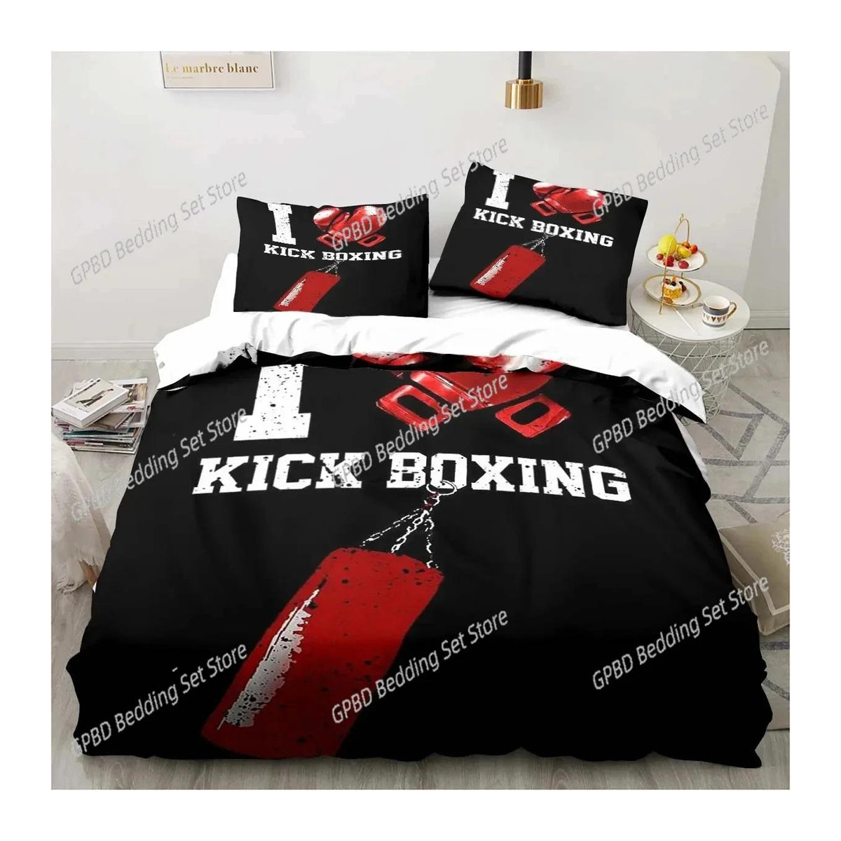 Bettwäsche Set mit 3D-Boxhandschuhe-Print, moderne Steppdecke und Kissenbezüge, EU Single, B/H: 135 x 200 cm - Bild 1
