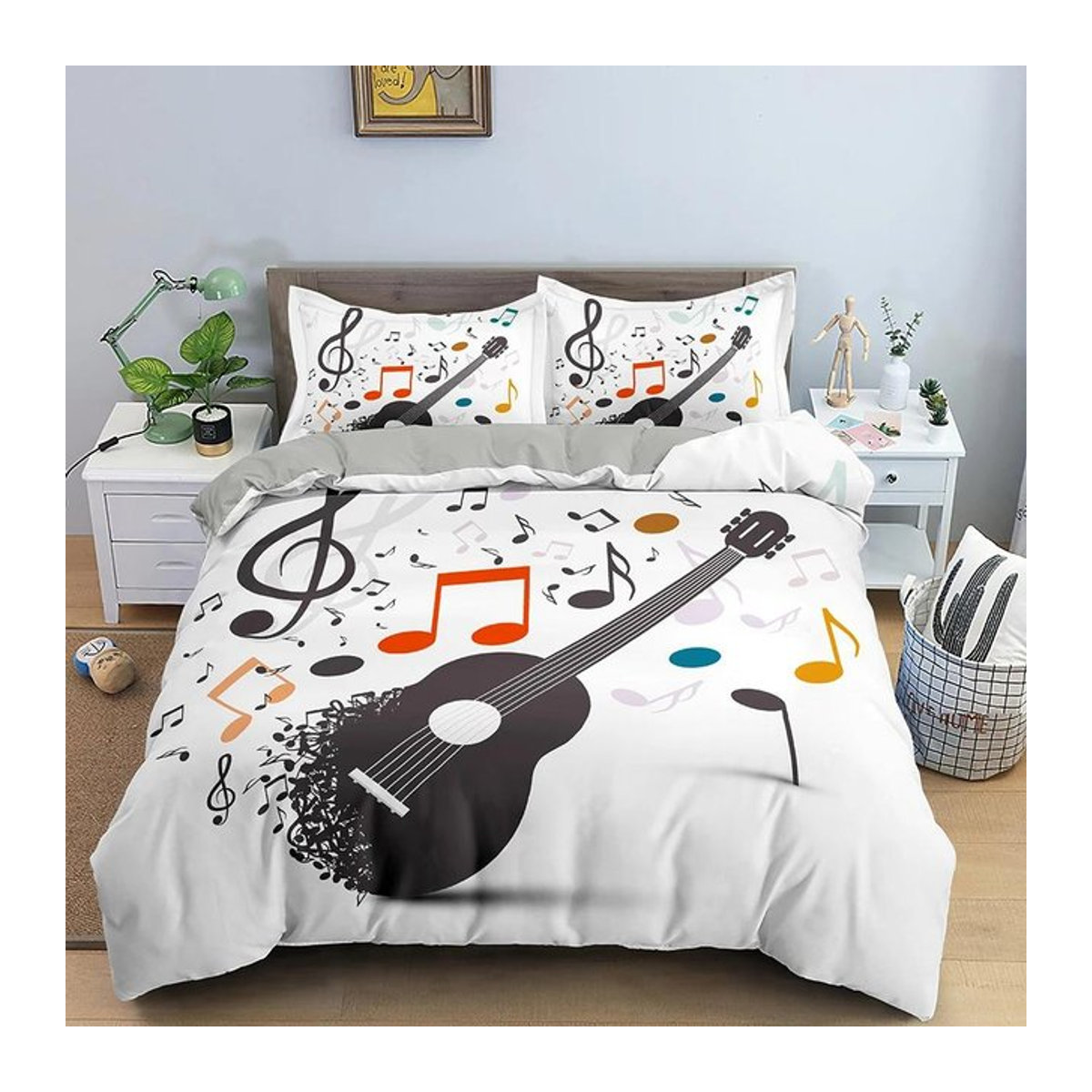 Bettwäsche Set mit 3D-Druck Gitarre für Kinder, Musik-Thema Bettbezug und Kissenbezug aus Polyester, Multicolor, B/H: 135 x 200 cm - Bild 1
