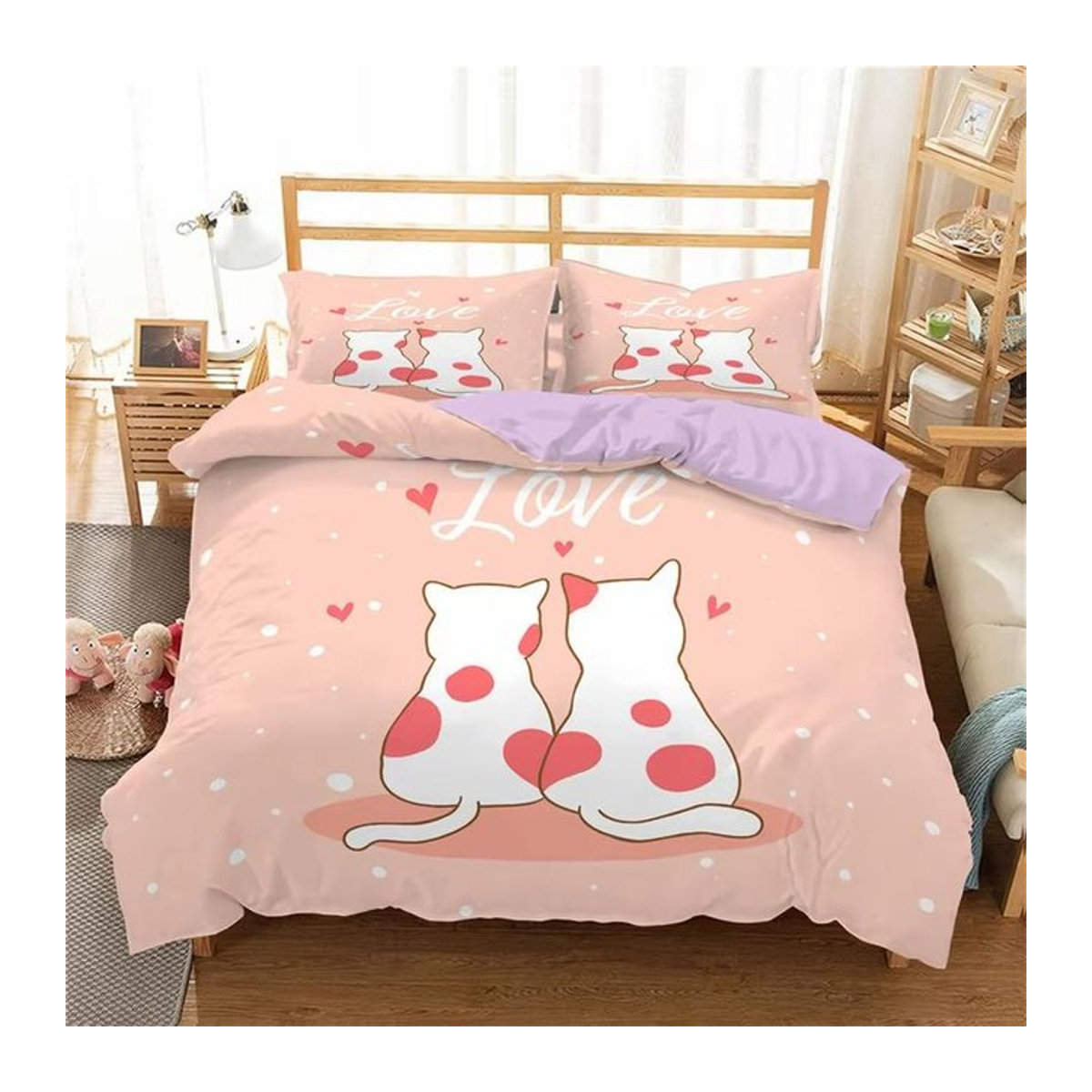 Bettwäsche Set mit Cartoon Katze Motiv aus Mikrofaser für Kinder und Teenager, 3-teilig, B/L: 135 x 200 cm - Bild 1