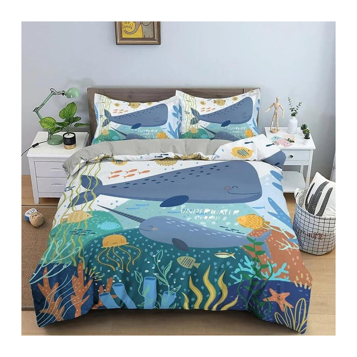 Bettwäsche-Set mit Cartoon-Meerestiere-Design und Unterwasserwelt, Bettbezug mit Kissenbezug und Reißverschluss, EU Single, B/H: 135 x 200 cm - Bild 1