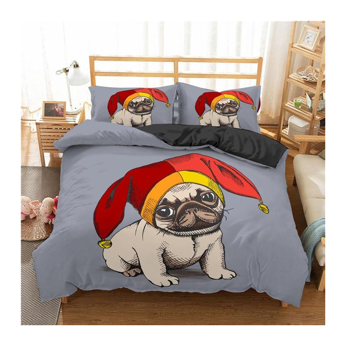 Bettwäsche Set mit Cartoon Mops Hund Muster, weicher Bettbezug mit Reißverschluss, B/H: 135 x 200 cm - Bild 1