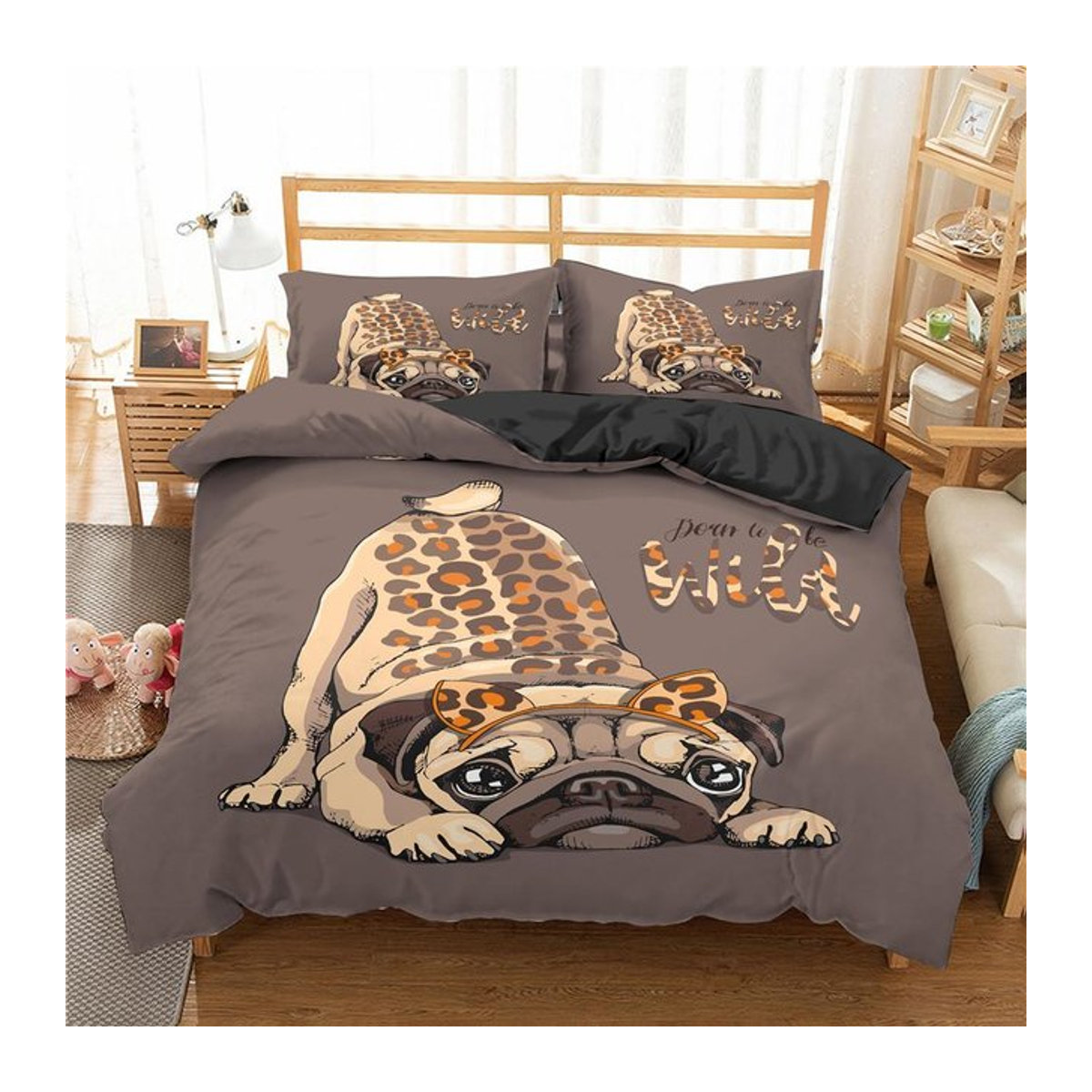 Bettwäsche Set mit Cartoon Mops Hund Muster, weicher Bettbezug mit Reißverschluss, King Size, Breite: 260 cm, Länge: 220 cm - Bild 1