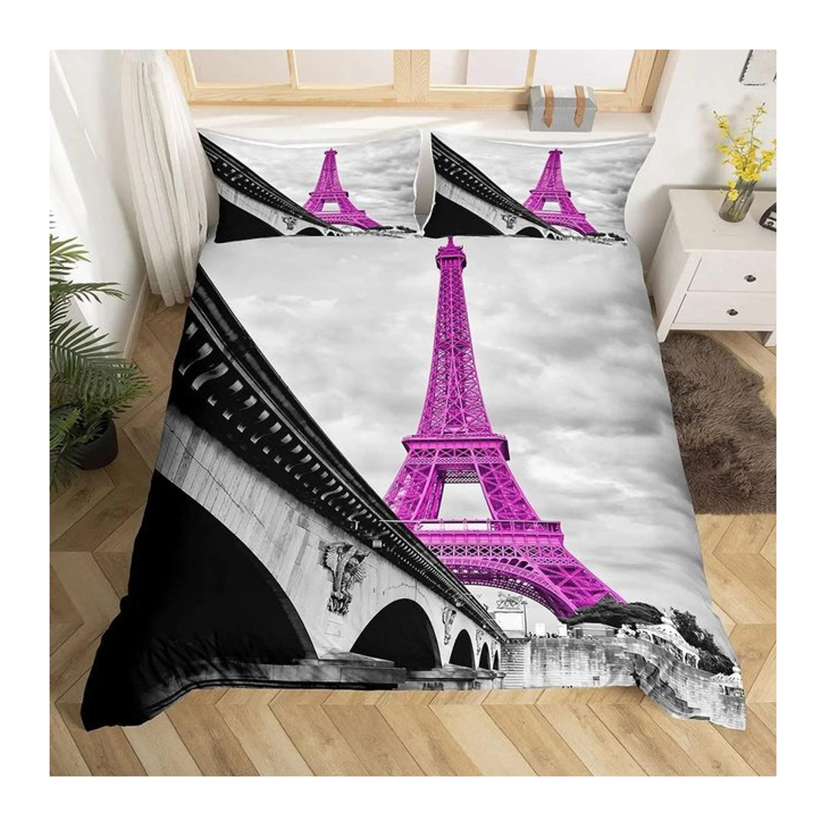 Bettwäsche-Set mit Eiffelturm-Motiv in Grau von Your Warm Home, Paris Stadtlandschaft Design, B/H: 135 x 200 cm - Bild 1
