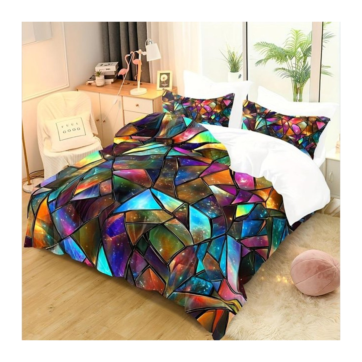 Bettwäsche Set mit glänzendem geometrischem Karomuster in Multicolor, 3-teilig, Breite: 135 cm, Länge: 200 cm - Bild 1