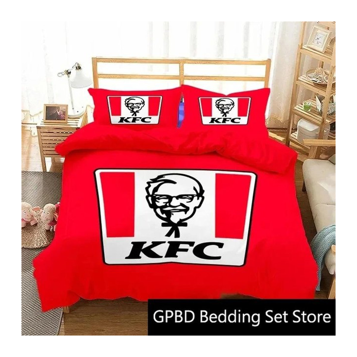 Bettwäsche Set mit KFC Logo im 3D Druck Design, Farbe Rot, mit Reißverschluss - Bild 1