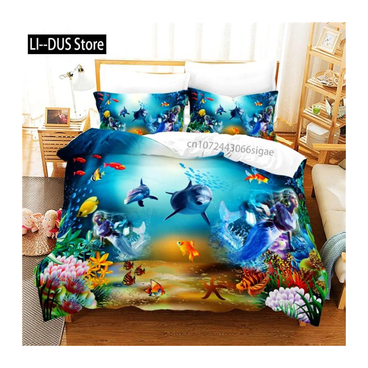 Bettwäsche-Set mit Meeres-Thema Fisch Meeresschildkröte Muschel und Seestern aus Mikrofaser, B/H: 135 x 200 cm - Bild 1