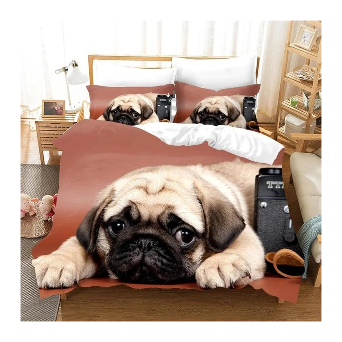 Bettwäsche-Set mit Mops-Motiv für Kinder und Schlafzimmer, bestehend aus Steppdecke und Kissenbezug mit Reißverschluss, Breite: 70 cm, Länge: 133 cm - Bild 1